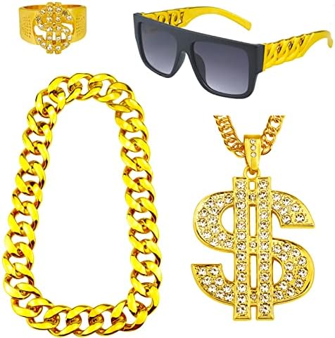 4 מארז 80-90 תלבושת תלבושות היפ הופ, שרשרת כסף שרשרת זהב מזויפת, משקפי שמש פאנק רגל טוויסט, טבעת אצבע סימן דולר