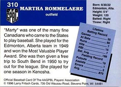 1996 AAGPBL סדרה 2 בייסבול 310 מרטי רומליר קנושה שביטים RC טירון רשמי רשמי בנות אמריקאיות.