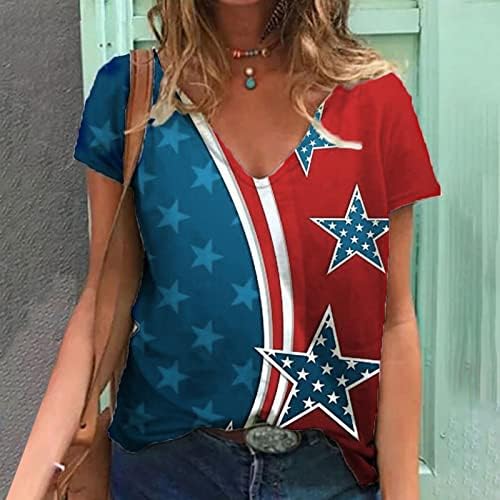 קצר שרוול צווארון אמריקאי דגל גרפי טרקלין רופף בכושר בתוספת גודל בכושר רגוע למעלה חולצה לנשים חולצה