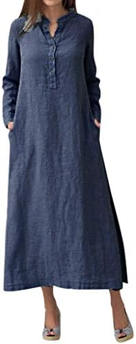 שמלת פשתן של זפודים לנשים 2023 שרוול ארוך כפתור מזדמן למטה שמלת מקסי מצוידת עם כיסים