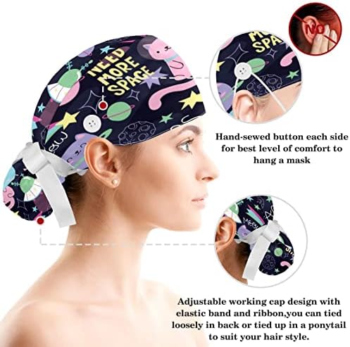 קרצוף כובעים נשים כירורגיות עם כפתורים רצועת זיעה וכובעי כירורגיה של סרטי שיער לנשים, חתולים חמודים