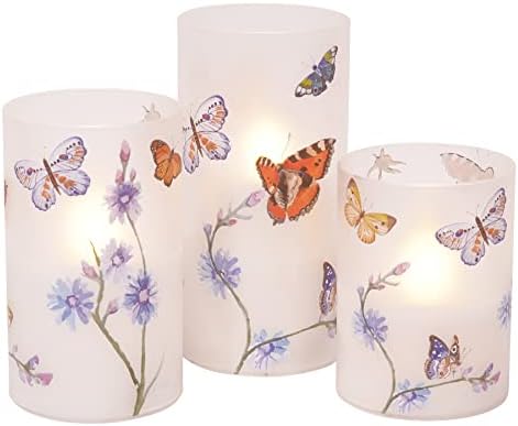 פרפרים ופרחי בר נרות עמוד זכוכית LED ללא עור, סט של 3, 6 אינץ '