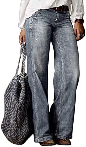 ז 'אן תלבושת לנשים נשים רטרו אופנה מזדמן ישר רגל רחב רגל ג' ינס קשט חותלות לנשים