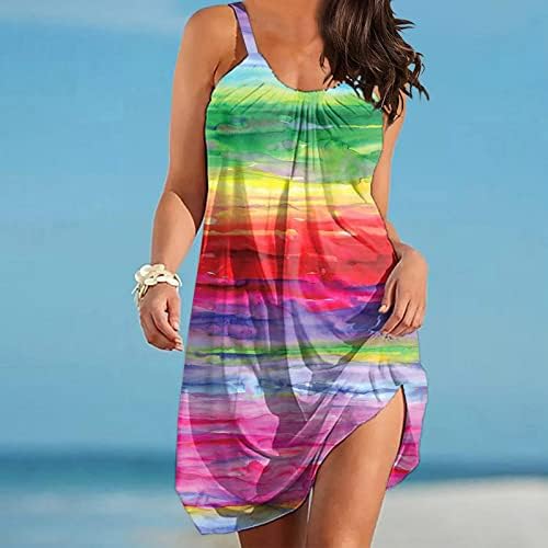 קיץ חוף שמלות לנשים מקרית בוהמי שמלה רופף בכושר זורם מיני שמלה ללא שרוולים צוואר לחפות טוניקות