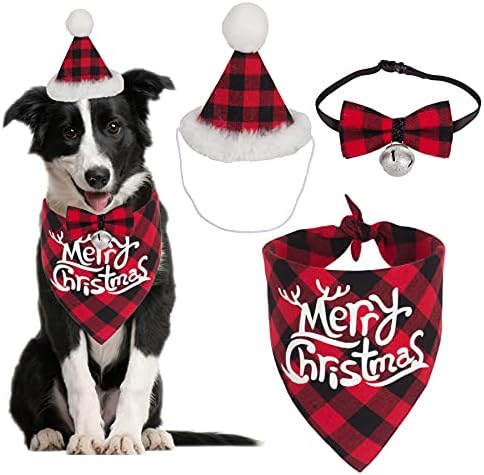 חג המולד כלב בנדנה כובע, באפלו משובץ כלב חג המולד כובע צעיף כלב משולש ליקוק מטפחת חג המולד בנדנות עבור קטן בינוני