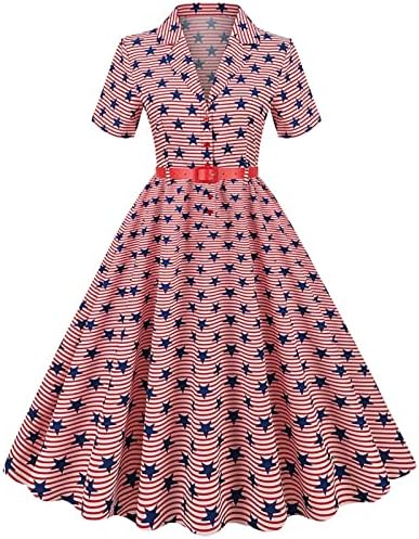 קיץ הברך אורך שמלות נשים בציר 1950 רטרו קצר שרוול צווארון דגל הדפסת מסיבת נשף נדנדה אישה קיץ