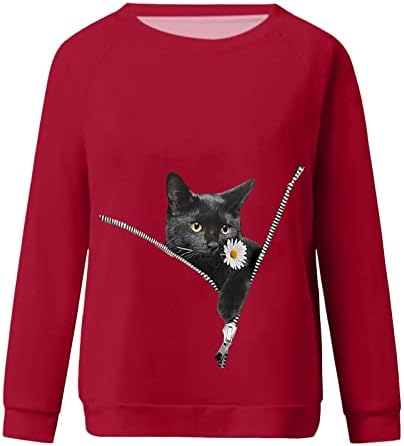 הדפסת בעלי חיים צמרות לנשים מצחיקות חולצת סוודר חמוד רטרו 3D רוכסן חולצת חתול שחור שחור שרוול ארוך סווטשירט סווטשירט