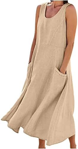 נשים של שמלות עגול צוואר קיץ טנק תלבושות שרוולים מקסי ארוך שמלה מזדמן רופף רגיל שמלה עם כיסים אופנה 2023