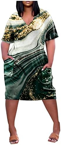 שמלות אפריקאיות מסומלר לנשים עם כיסים רופפות בכושר V צווארון V-שרוול קצר וינטג 'פלוס שמלות רשמיות בגודל לנשים