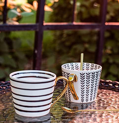 ספלי קפה מונארקה וסטון קרמיקה של 2 12 גרם. קופסת מתנה לחתונה אלגנטית, סט חרסינה של כוסות תה/קקאו, צבוע ביד שחור ולבן עם ידית