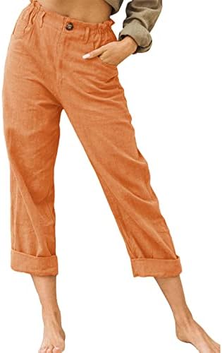 מכנסי פשתן כותנה של Meymia, 2023 נשים קיץ אופנה קלות מותניים קדמות כפתור קדמי שטוח קדמי קצוץ קדמי