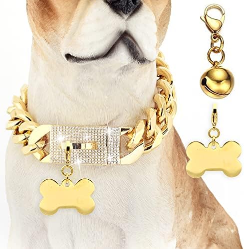 פרדוג שרשרת זהב צווארון כלב 19 ממ עם פעמון אבזם יהלומים ותג עצם צווארוני שרשרת נירוסטה