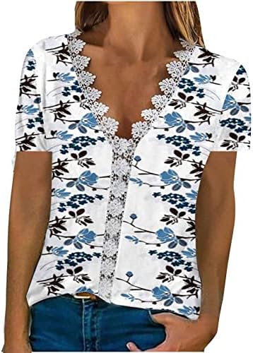 חולצה עליונה לנשים שרוול קצר 2023 V צוואר תחרה פרח כותנה גרפיקה רופפת בכושר רגוע כושר חולצה מזדמנת VC