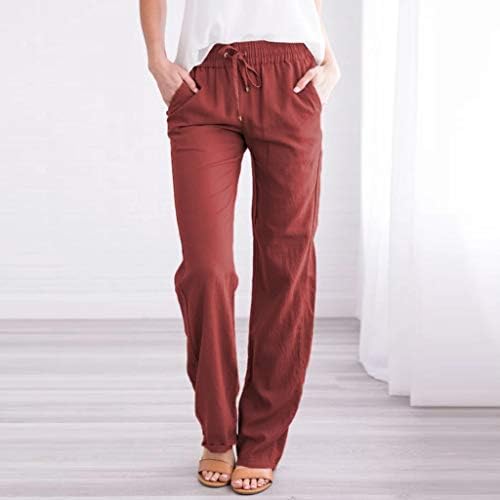 מכנסיים מזדמנים של נשים מכנסי רגל ישרים מוצקים מכנסי פשתן מכנסיים מותניים גבוהים מכנסיים רופפים מכנסי כותנה נוחים