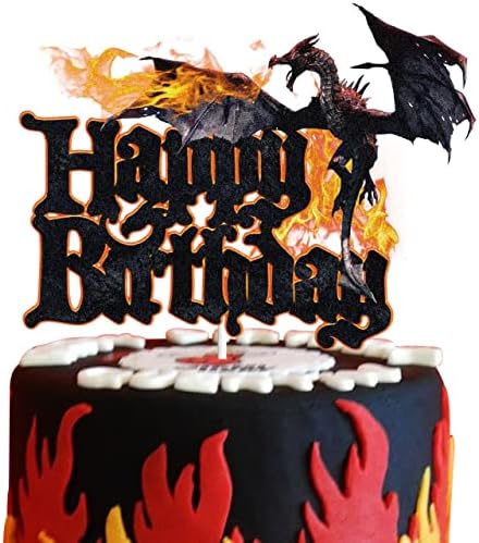 דרקון יום הולדת שמח עוגת טופר שחור גליטר דרקון אביר נושא יום הולדת עוגת דקור דרקון משחק מסיבת קישוט אספקת