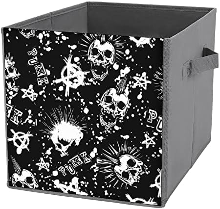 גולגולת גולגולת פחי אחסון מתקפלים דפיס קופסאות קוביית סלי בד עם ידיות לצעצועי בגדים, 11x11x11