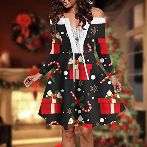 אופנה לנשים מזדמן דפוס חג המולד לחג המולד V צווארון שמלות סוודר שמלות 2022