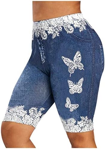 Uofoco נשים תחרה תחרה ג'יג'ינג פרפר דחיסה מודפסת אימון יוגה מכנסיים קצרים - לא ג'ינס
