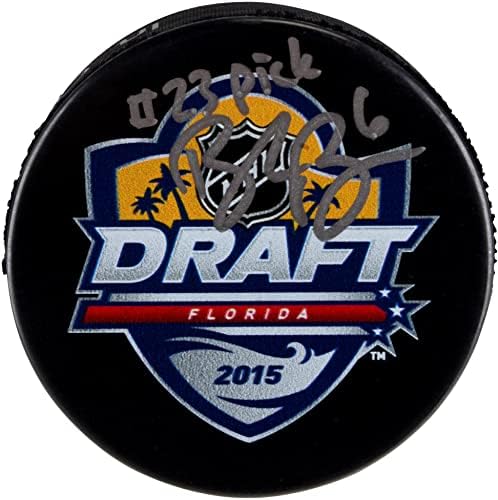 Brock Boeser Vancouver Canucks חתימה משופעת 2015 NHL טיוטת לוגו הוקי פק עם כתובת 23 פיק - Pucks NHL עם חתימה