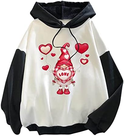 Oplxuo קפוצ'ונים של יום האהבה נשים אהבה הדפסת לב בלוק בלוק שרוול ארוך שרוול סווטשירט גמרים סוודר גרפי קז'ואל עליון
