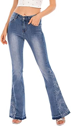 מכנסי ג'ינס פרחוניים מודפסים פרחוניים מכנסיים רחבים קלאסיים מכנסיים קרוע