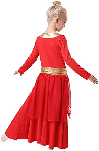 Rexreii ילדים בנות משבחים ריקוד חלוק מתכת מותן מותן שרוול ארוך שמלת פולחן ליטורגי חצאית שיפון תחפושת לירית