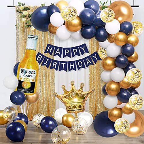 חיל הים כחול זהב מסיבת יום הולדת קישוטי עבור גברים נשים בני בנות עם יום הולדת שמח באנר, כתר בלונים,קורונה רדיד בלונים,