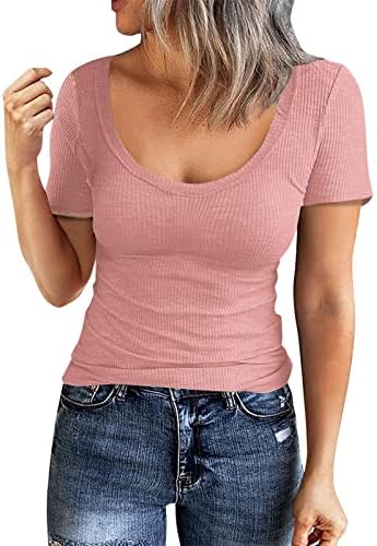 חולצות לנשים טרנדי מקרית שיפוע צווארון קיץ קצר שרוול חולצות רופף בכושר רגוע קל משקל