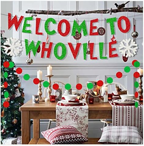 חג המולד ברוך הבא לבאנר של Whoville, קישוטים לחג המולד אדום וירוק נצנצים גרינצ'מאס באנר למנטל אח, קישוטים למסיבת יום