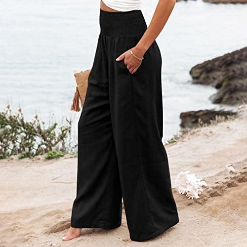 צפותים פשתן מכנסיים לנשים רחב רגל גבוהה מותן רופף כושר פאלאצו מכנסיים מקרית חוף טרנדי מערה עם כיסים