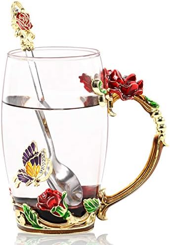 וינסיף 12 עוז חידוש פרפר פרח אמייל זכוכית תה כוס עם כפית סט & מגבר; תיבת מתנות לנשים יום הולדת / אמהות יום