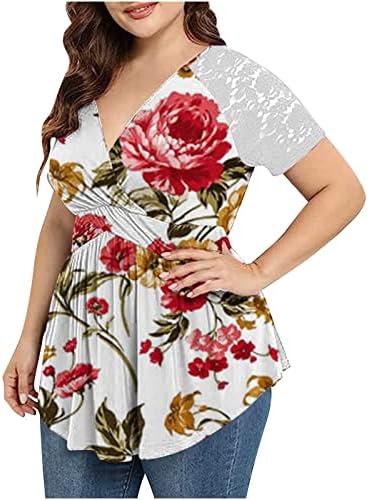 פלוס חולצת טי קיץ בגודל לנשים V צוואר פרפר פרחים טוניקה מודפסים חולצות תחרה לבושות חולצות שרוול קצר