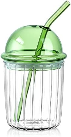 צנצנת שתיית זכוכית ג ' ויאן עם קש מכסה, כוס תה בועה לשימוש חוזר לבובה, כוס זכוכית ירוקה בפה רחב למשקאות מיץ מים חלב