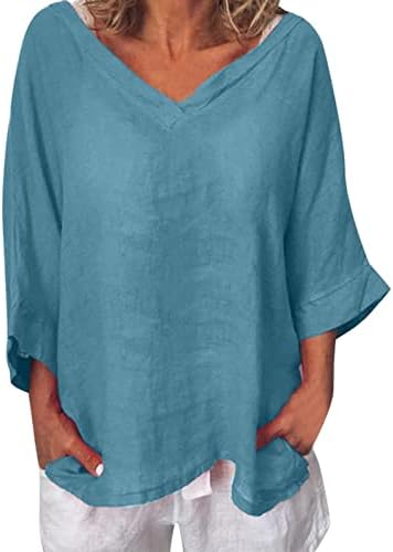 חולצות פשתן כותנה לנשים גדולות עם 3/4 שרוול צבע מוצק V חולצה חולצה מזדמנת חולצה צבעונית רופפת חולצה