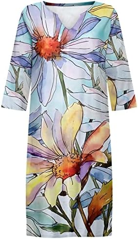 שמלות קיץ לנשים בכושר רופף שרוול ארוך צווארון טרנדי מזדמן בוהו זורם שמלת חוף באורך הברך