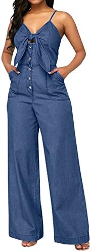 סרבל פרחוני נשים מזדמן רצועת ספגטי ללא שרוולים רופפים מכנסי רגל רחבים ג'ינס סרבל נשים קצרות