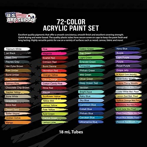 אספקת אמנות ארהב מקצועית 72 צבע צבע של צבע אקרילי בצינורות גדולים של 18 מל - צבעים עזים עשירים לאמנים, סטודנטים,