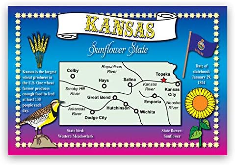 קבוצת גלויות מפות מדינת קנזס של 20 גלויות זהות. כרטיסי פרסם עם מפת KS וסמלי מצב. מיוצר בארהב.
