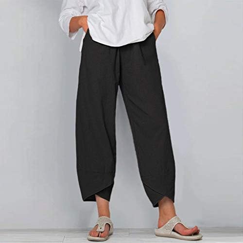 מכנסי קאפרי לנשים כותנה פשתן רחבה קפריס קפריס נשים קיץ מכנסיים קצוצים חוף מותניים אלסטיים מכנסי יבול רחבים