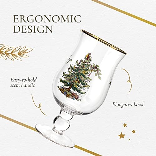 ספוד-כוסות גבעול צבעוני עץ חג המולד, סט של 4, 17.5 אונקיות - עשוי זכוכית-שפת זהב-כלי שתייה קלאסיים לבירות, איפאס, מבשלות