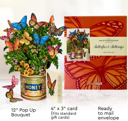 כרטיסי פופ אפ מנייר טריים, שדה חינניות + פרפרים של פרפרים, סט של שני זרי פרחים בגודל 12 אינץ ' לנצח פרחים קופצים 3 כרטיסי