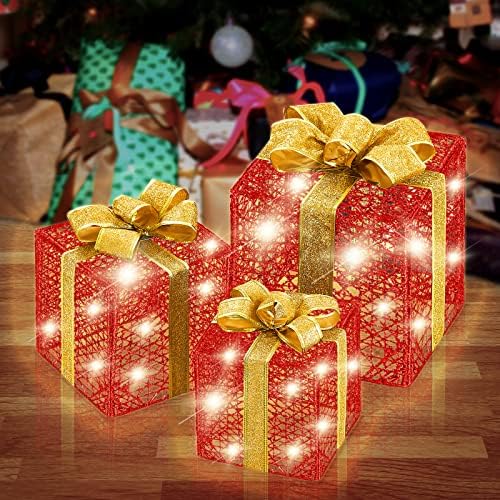 סט של 3 קופסאות מתנה מוארות קישוט לחג המולד זהב ואדום מואר לפני מתנה עם סרטים וקשתות קופסת מתנה מדליקה לחצר חיצונית