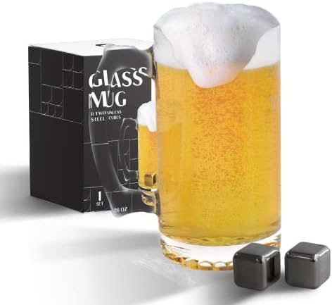 בירה ספל עם ידית - שתיית זכוכית מדיח כלים ומקפיא בטוח-שתיית כוס 26 אונקיה גדול פאב באר ספל עם 2 נירוסטה קרח קוביות-מסורתי