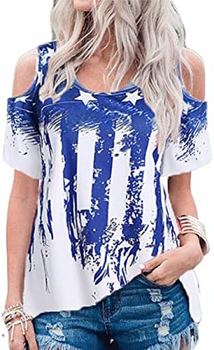 חולצות טי קיץ לנשים אופנה לאופנה על כתף כוכב אמריקה חולצה הדפסת דגל מזדמן חולצה עליונה בתוספת צמרות בגודל, S-5xl