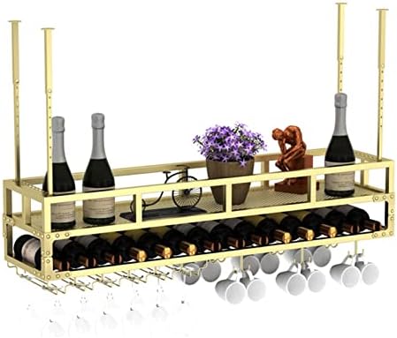מתלה יין תלוי דריני, מחזיק אחסון יין של בקבוק תקרת מתכת עם מדף זכוכית זכוכית מתחת למטבח ארון גובה ורוחב מתכווננים