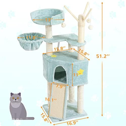 חתול עץ חתול מגדל עבור מקורה חתולים, 51-אינץ חתול בית עם מרווח דירה, גרוד, פלטפורמה, רמפה, ערסל, נשלף פרווה כדור מקלות,