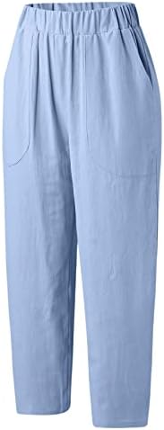 מכנסי פשתן כותנה לנשים, מותניים גבוהים ברגל רחבה פלאצו באורך מלא מכנסיים ארוכות יוגה מכנסיים עם כיסים
