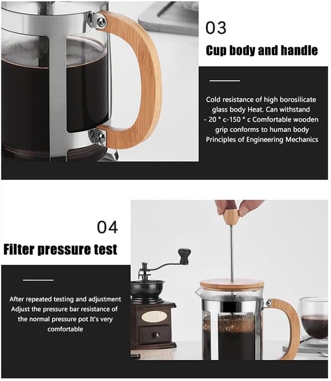 Dsfeoigy קפה צרפתי עמיד בחום פילטר לוחץ מכונת קפה סיר סיר זכוכית סירים חלולים תה קפה קפה עם ידית עץ