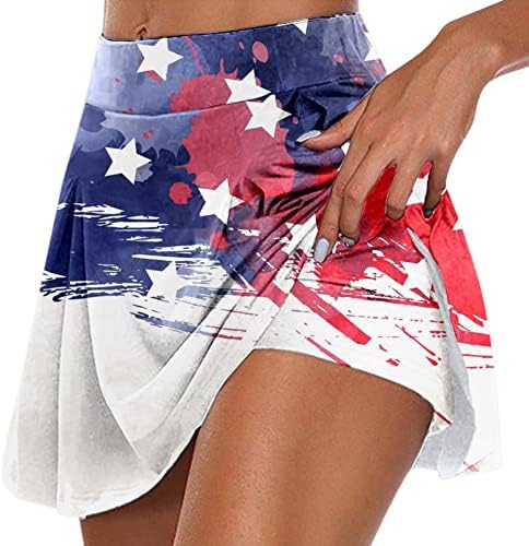 4 ביולי חצאיות אתלטיות עם מכנסיים קצרים לנשים מותניים גבוהים קפלים גולף זורמים Skorts 2 ב 1 ארהב דגל מכנסיים קצרים יוגה Skorts