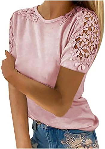 נשים צמרות קיץ תחרה פרחונית טוניקה חלולה החוצה חולצות שרוול קצר אופנה צוואר עגול מזדמן רופף כושר חולצות טירטס סוודר